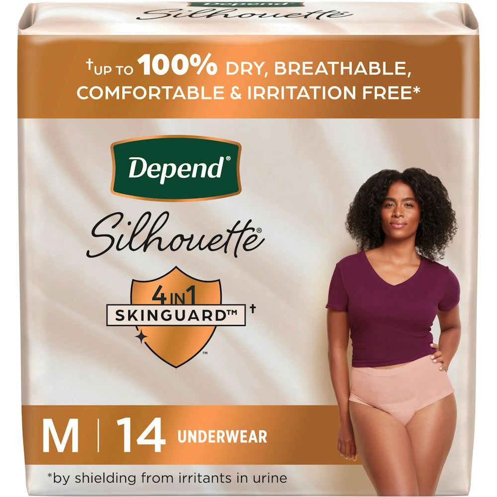 Depend Silhouette maximum absorbency women's underwear, medium size, 14-pack, designed for comfort and protection.