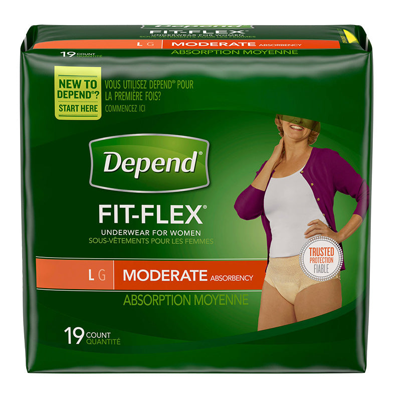Depend Underwear Moderate Large pack of 19, soft and discreet adult incontinence underwear by Pasteur Pharmacy, shown in packaging.