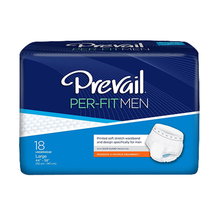 First Quality male adult absorbent underwear Prevail Per-Fit pull-on with tear-away seams, large disposable underwear, 18-pack.