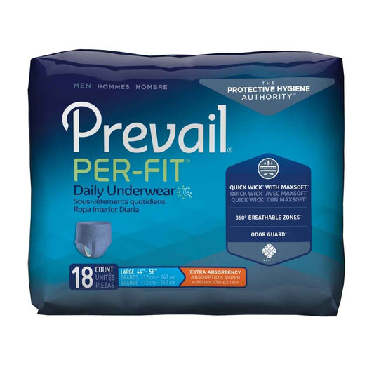 First Quality Prevail Per-Fit men’s pull-on absorbent underwear, white, comfortable fit, designed for discreet protection.