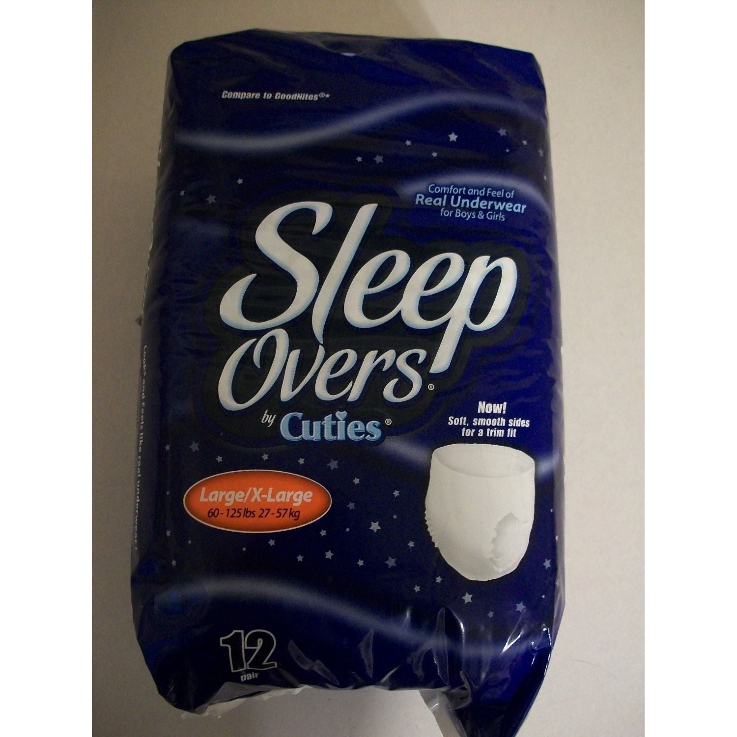 First Quality Sleep Overs Youth Pants in Large/X-Large size, disposable underwear for 65-125 lbs, packaged in case of 48.