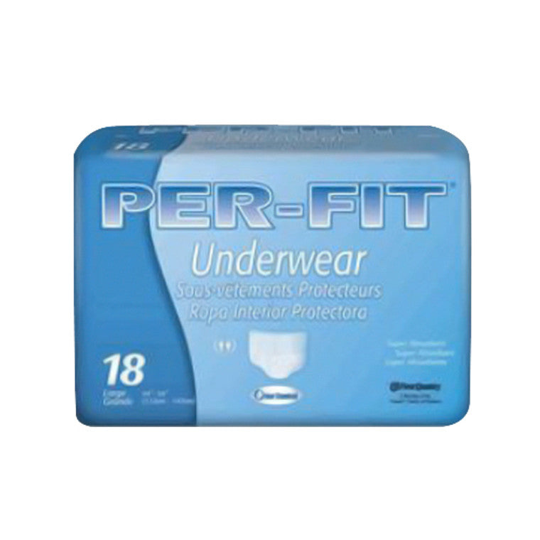Unisex adult absorbent underwear with tear-away seams, First Quality brand, shown in a pack of 18 for maximum comfort.