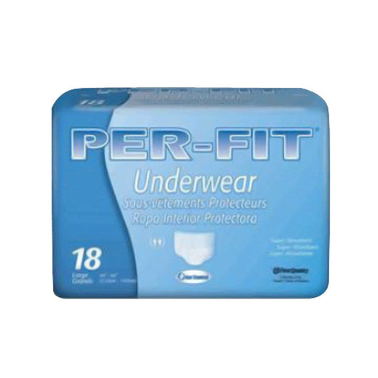 Unisex adult absorbent underwear with tear-away seams, First Quality brand, shown in a pack of 18 for maximum comfort.