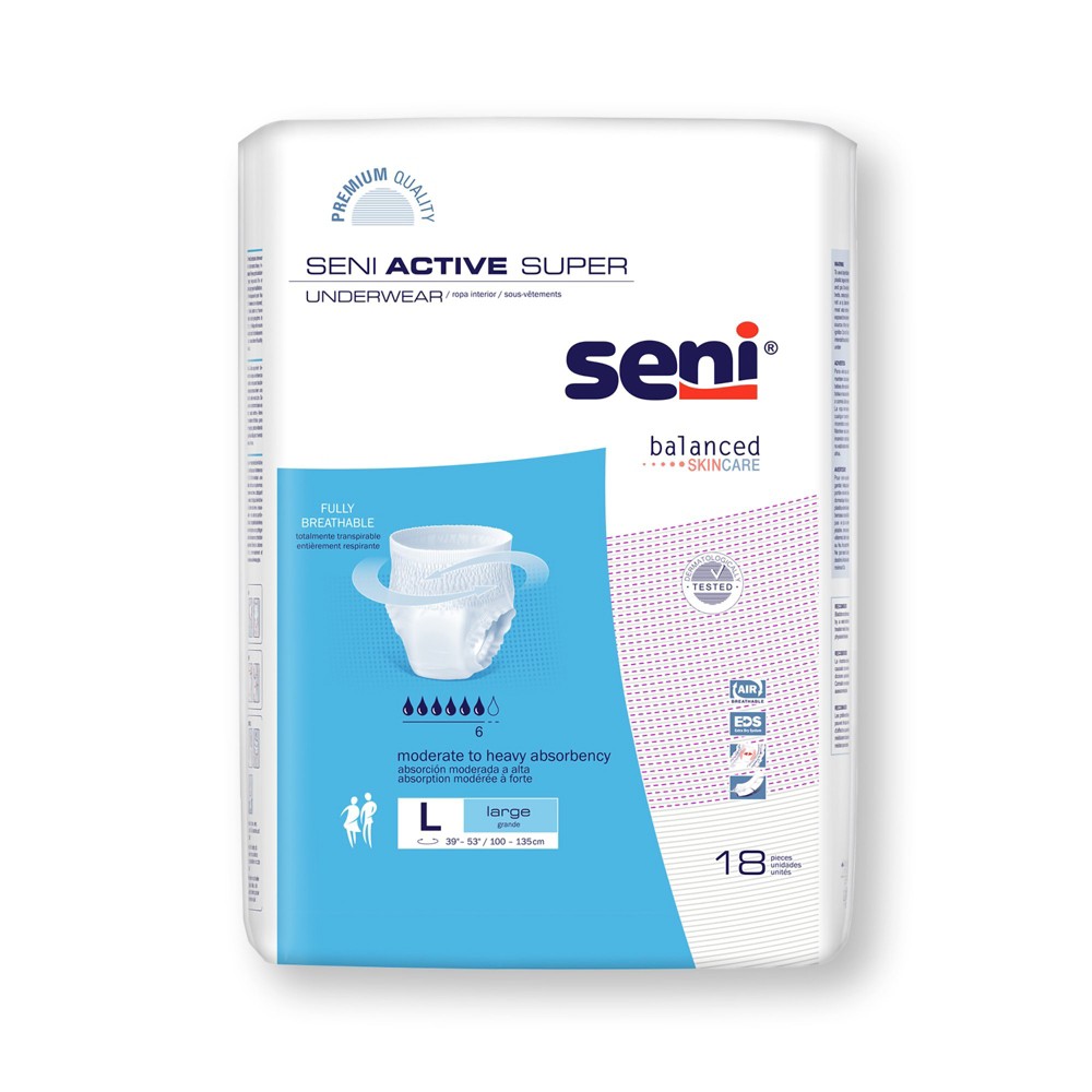 Seni Active Super Disposable Underwear Pull-On in Large with tear-away seams, designed for moderate to heavy incontinence.