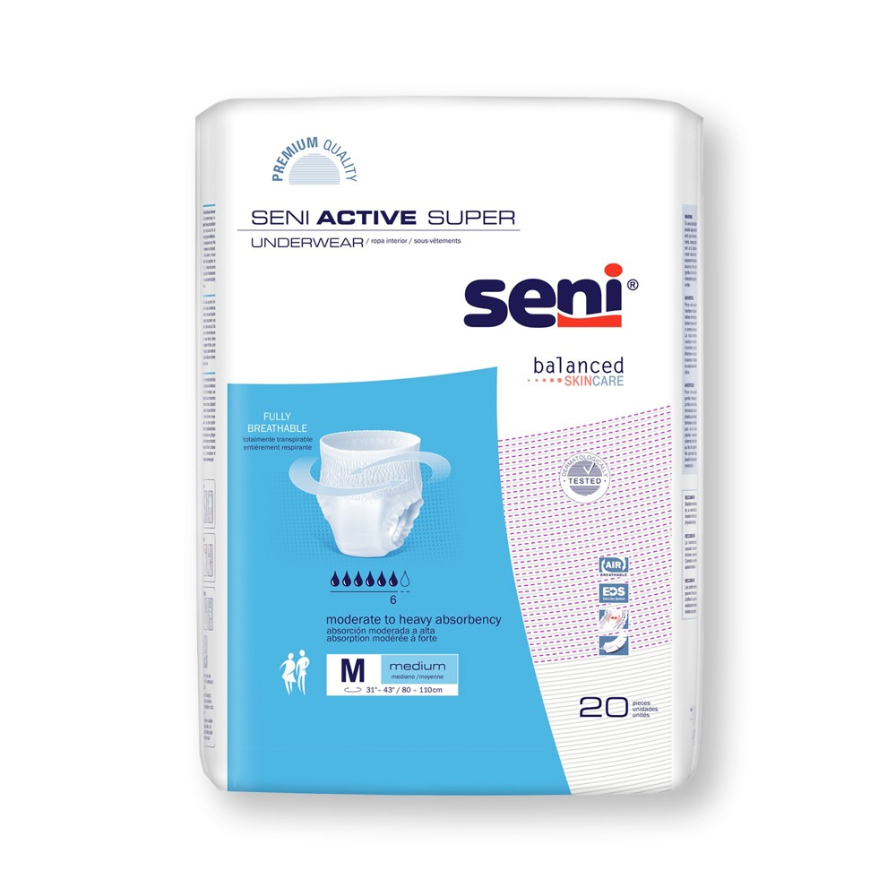 Seni Active Super disposable pull-on underwear with tear-away seams, medium size, for moderate to heavy incontinence, by Pasteur Pharmacy.