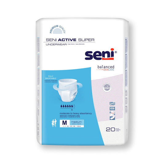 Seni Active Super disposable pull-on underwear with tear-away seams, medium size, for moderate to heavy incontinence, by Pasteur Pharmacy.