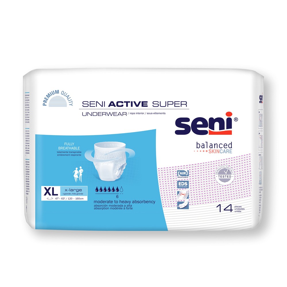 X-large Seni Active Super disposable pull-on underwear with tear-away seams, designed for comfort and easy removal.