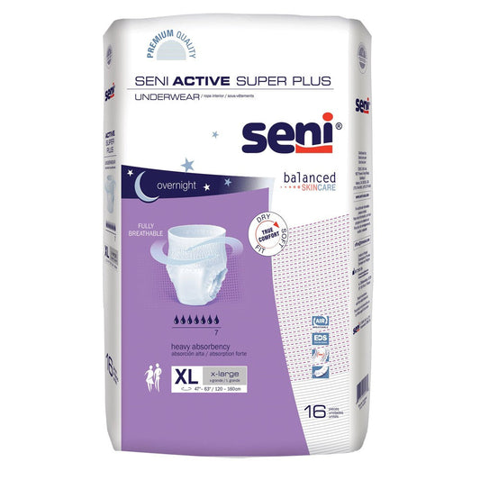 Seni Active Super Plus absorbent underwear by Pasteur Pharmacy, white, in a close-up view showing the soft fabric and waistband.