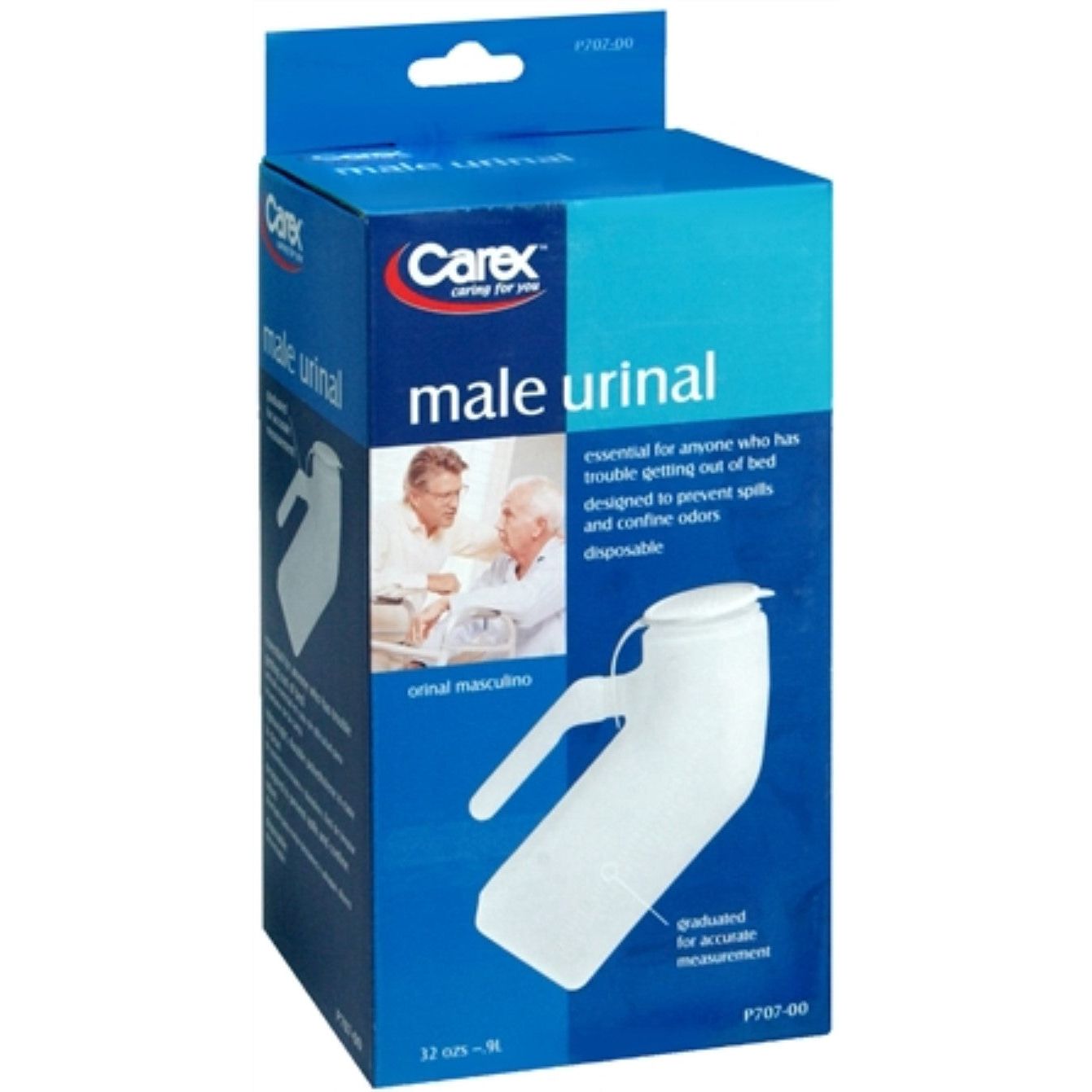 Male Carex urinal by Pasteur Pharmacy, compact and durable urinal designed for men's use, shown in white with a sturdy structure.