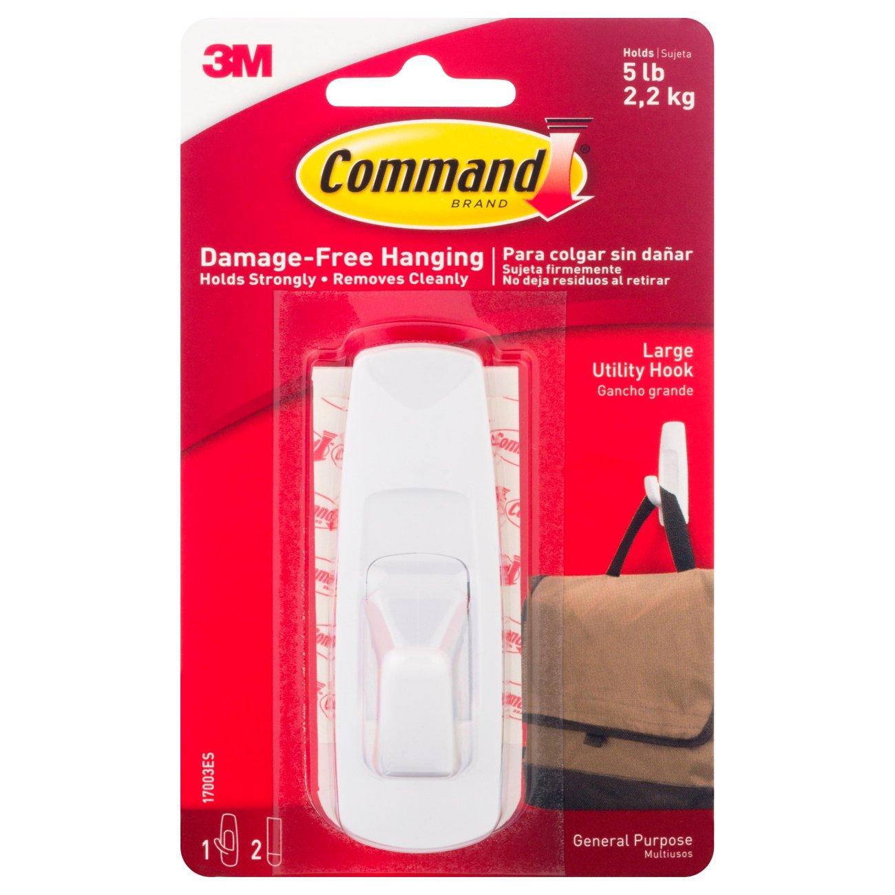 White Command Large Utility Hook with two strips, wall-mounted for damage-free hanging, holds up to 5 lbs in a home or office.