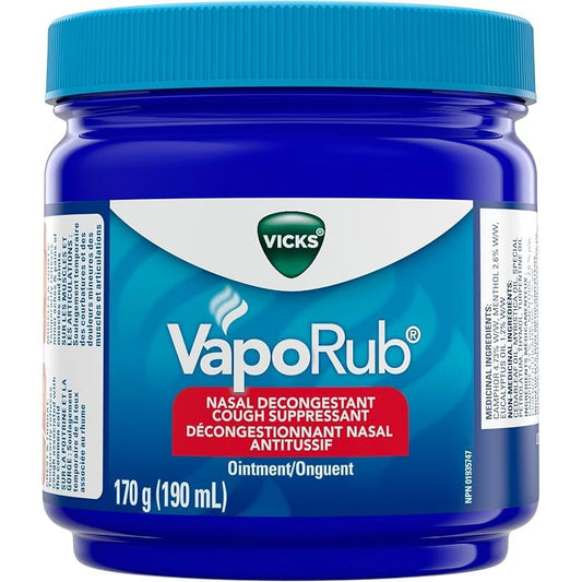 Vicks Vaporub OI 170g jar in a clear container, used as a vaporizer for chest and respiratory relief.