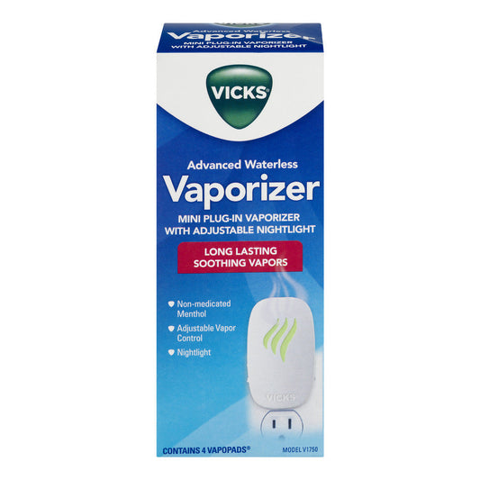 Vicks Vaporizer Advanced Soothing Waterless Vapors V1750 with sleek design, used for inhaling soothing vapors for respiratory relief.