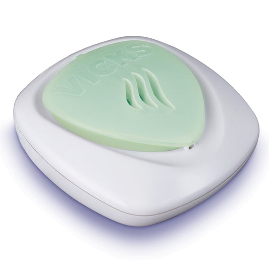Vicks Waterless Vaporizer V1800 from Pasteur Pharmacy, compact plastic vaporizer with controls on top and a waterless design.