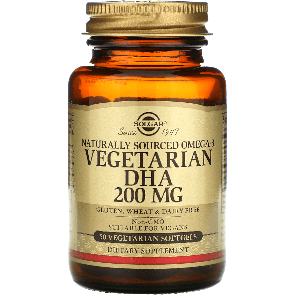 Vegetarian softgels of Solgar Omega-3 DHA 200 mg supplement in a clear bottle, designed for dietary health and wellness.