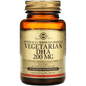 Vegetarian softgels of Solgar Omega-3 DHA 200 mg supplement in a clear bottle, designed for dietary health and wellness.
