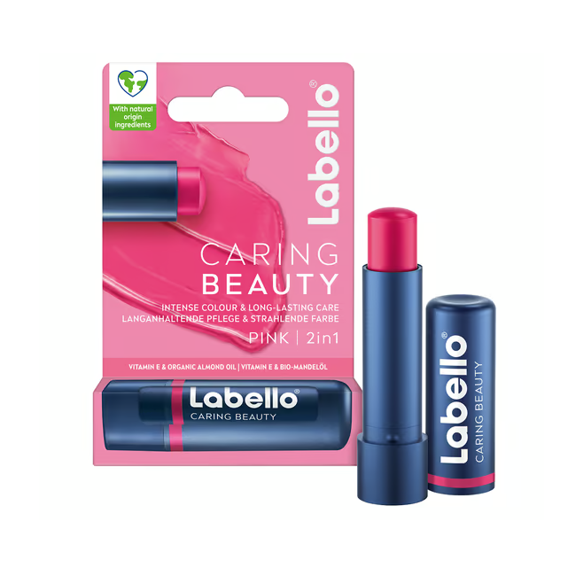 Labello Caring Beauty Pink lip balm displayed in a sleek container, ideal for softening and nourishing lips.