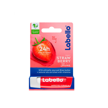 Labello Strawberry Shine 24h Red Tinted lip balm in a sleek tube, showing the product with red tinted shine and soft texture.