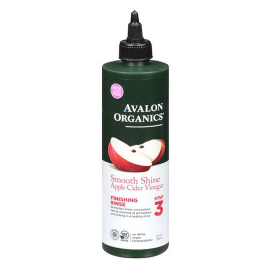 Avalon Organics Apple Cider Vinegar Finishing Rinse in a 12 fl oz bottle, natural hair shine and smoothness conditioner.