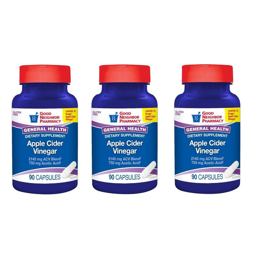 Pasteur Pharmacy Good Neighbor Apple Cider Vinegar Capsules 90-count bottle showing capsules and product label.