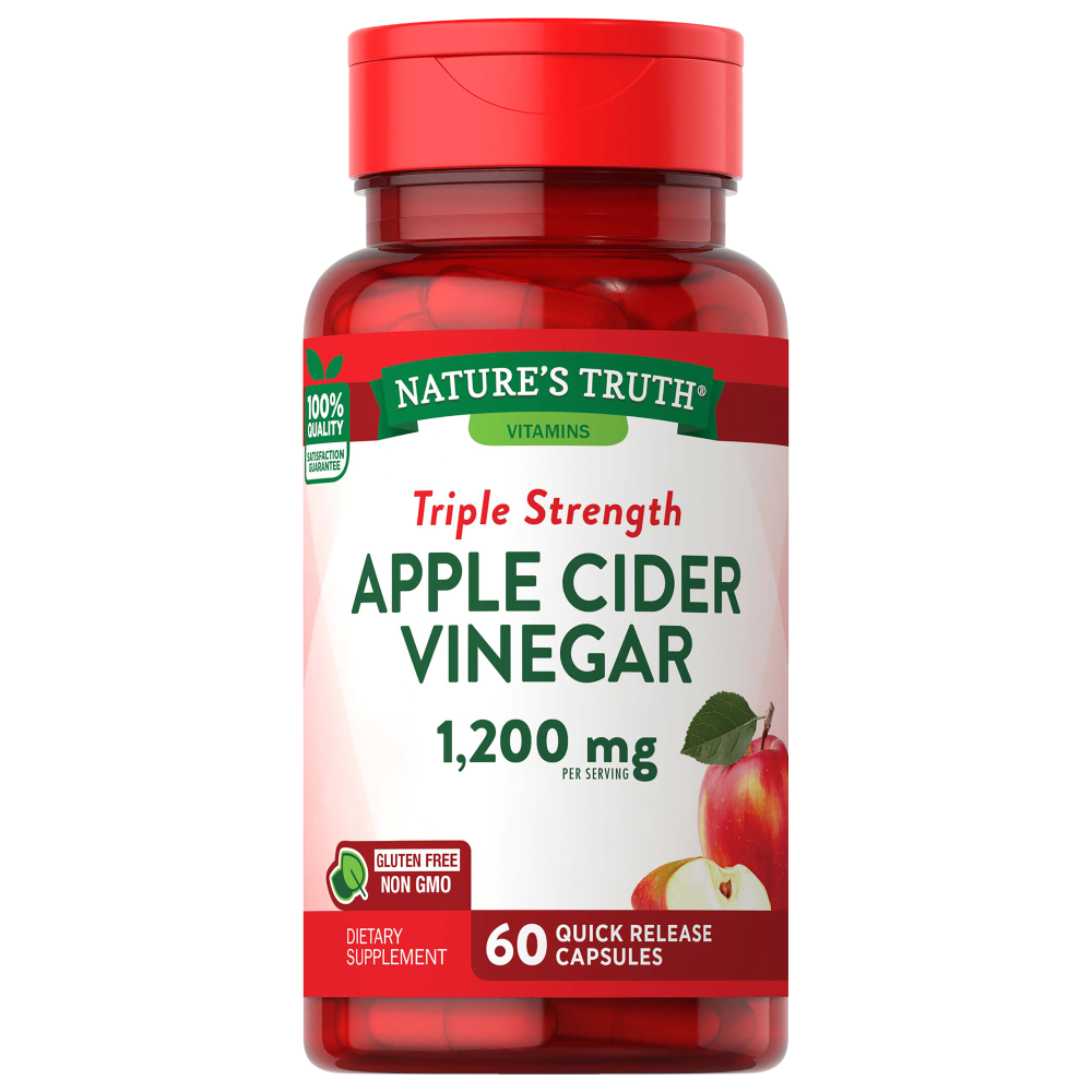 Nature's Truth Apple Cider Vinegar Triple Strength capsules, 1200 mg, in quick release softgel form, dietary supplement.