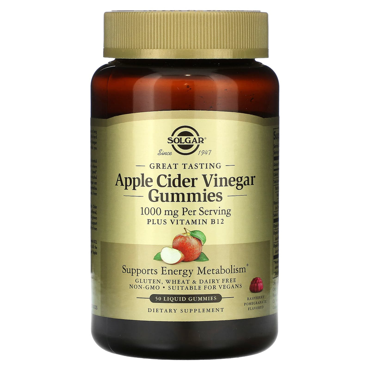 Solgar Apple Cider Vinegar 1000mg plus B12 liquid gummies in a bottle, featuring 50 gummies with apple cider vinegar and B12 supplement.