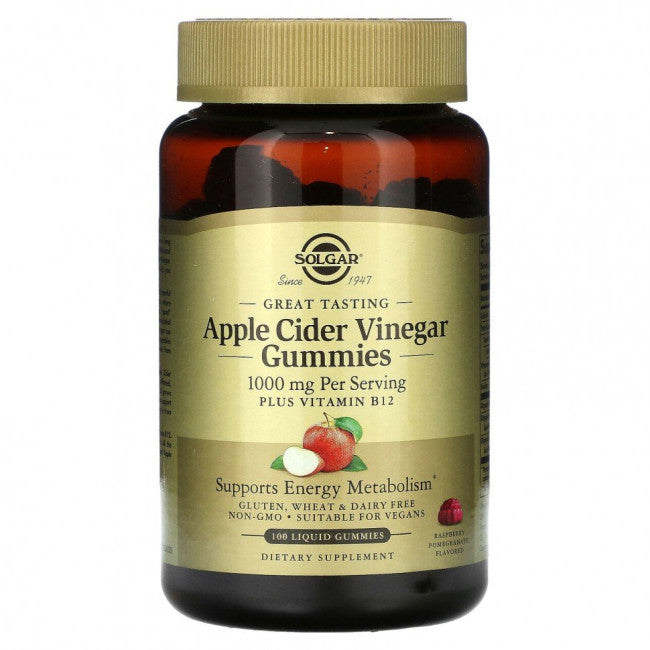 Solgar Apple Cider Vinegar Gummies with raspberry and pomegranate flavor, 500 mg, displayed in a bottle with gummies inside.