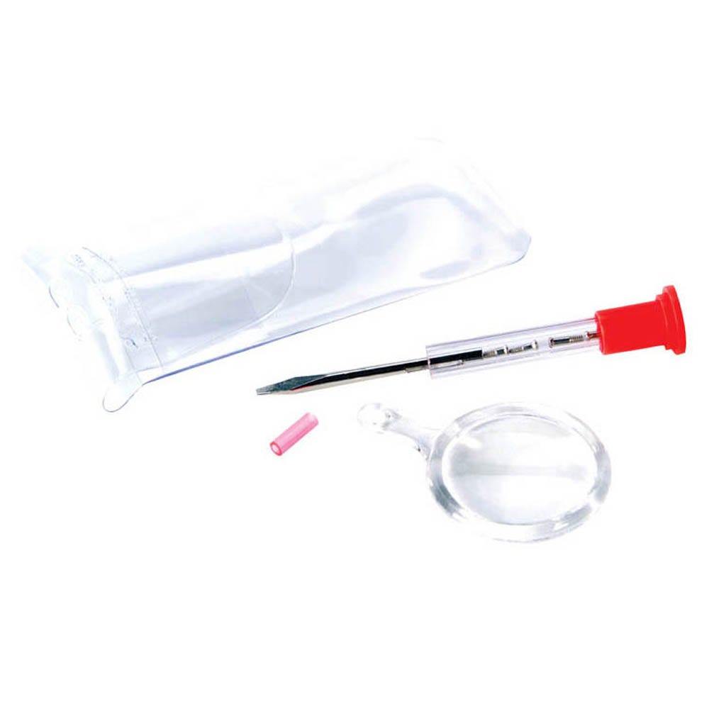 Apex Eyeglass Repair Kit by Pasteur Pharmacy with screws, screwdriver, and tools for fixing glasses, sunglasses, and watches.