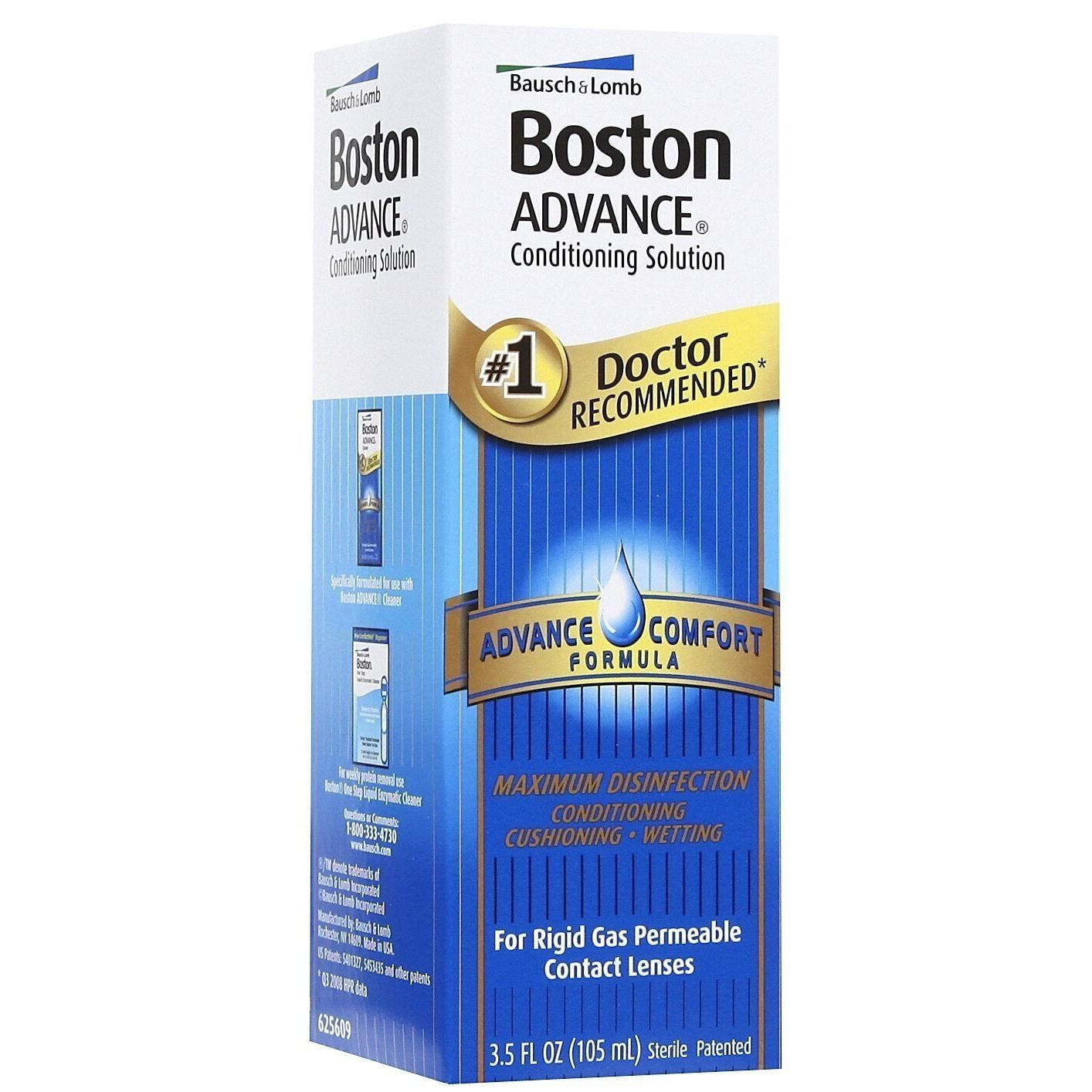Bausch & Lomb Boston Advance Comfort Formula contact lens conditioning solution in 3.5 oz bottle, used for cleaning and moisturizing lenses.