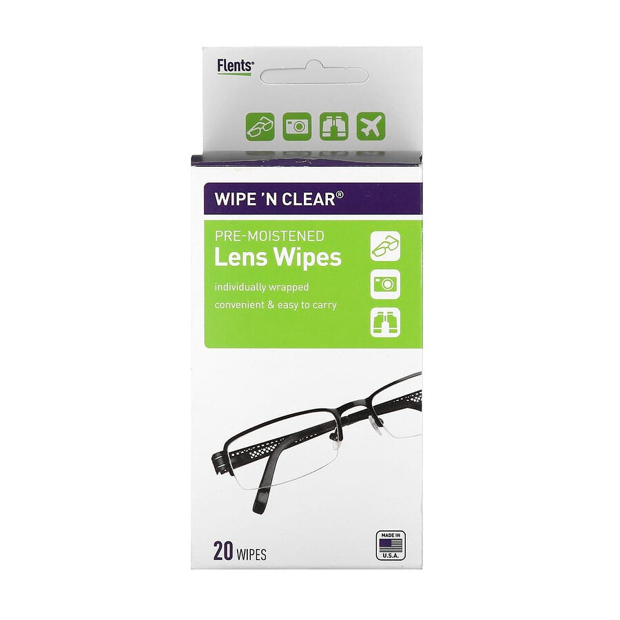 Sterile Flents Wipe 'N Clear eye pads by Pasteur Pharmacy, soft and absorbent for eye vision care, 20-count package.