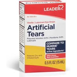 Leader™ Lubricant Eye Drops 0.5% Carboxymethylcellulose Sodium in two 15 mL bottles, designed for eye moisture and comfort.