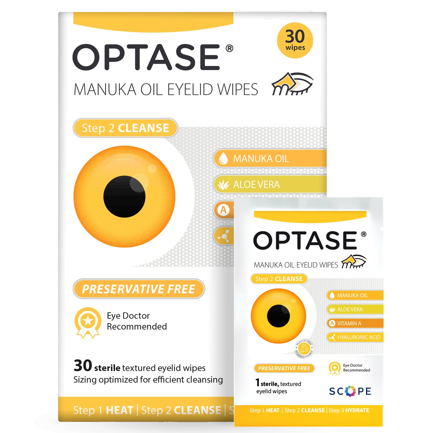 Optase Manuka Oil Eyelid Wipes from Pasteur Pharmacy for eye hygiene and lid cleansing, featuring preservative-free formula.