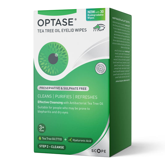Optase Tea Tree Oil Eyelid Wipes by Pasteur Pharmacy, 30-count vision care wipes for eyelid hygiene and irritation relief.