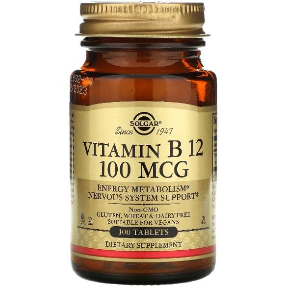 Solgar Vitamin B12 supplement in 100 tablets, 100mcg potency, natural dietary vitamin B12 supplement by Pasteur Pharmacy
