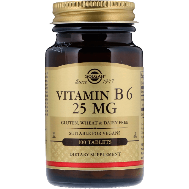 Solgar Vitamin B6 25 mg tablets, dietary supplement in a bottle, designed for supporting energy and nerve health.
