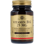 Solgar Vitamin B6 25 mg tablets, dietary supplement in a bottle, designed for supporting energy and nerve health.