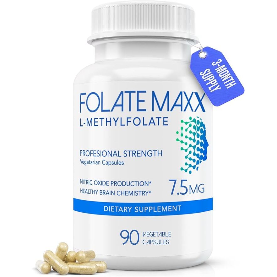 L-Methylfolate 7.5mg vitamin C supplement bottle by Pasteur Pharmacy, showing the label and packaging.