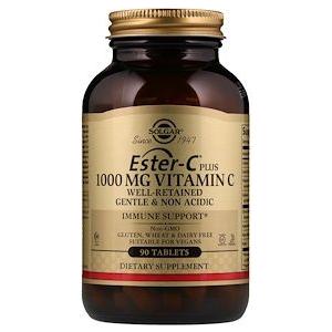Solgar Ester-C Plus 1000mg Vitamin C supplement in 90 tablets, natural vitamin C dietary supplement for immune support.