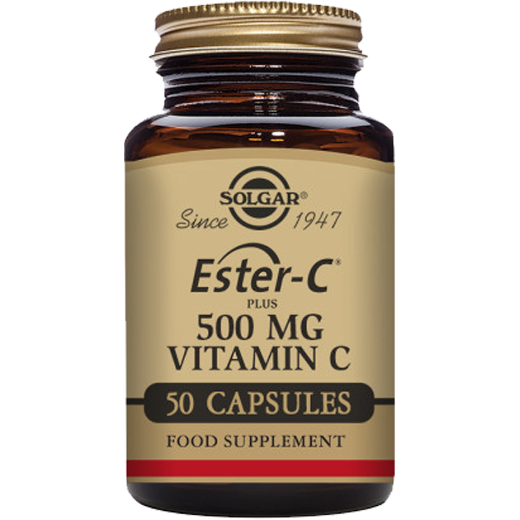 Solgar Ester-C Plus 500 mg Vitamin C supplement in 45 capsules, natural orange-colored capsules for immune support.