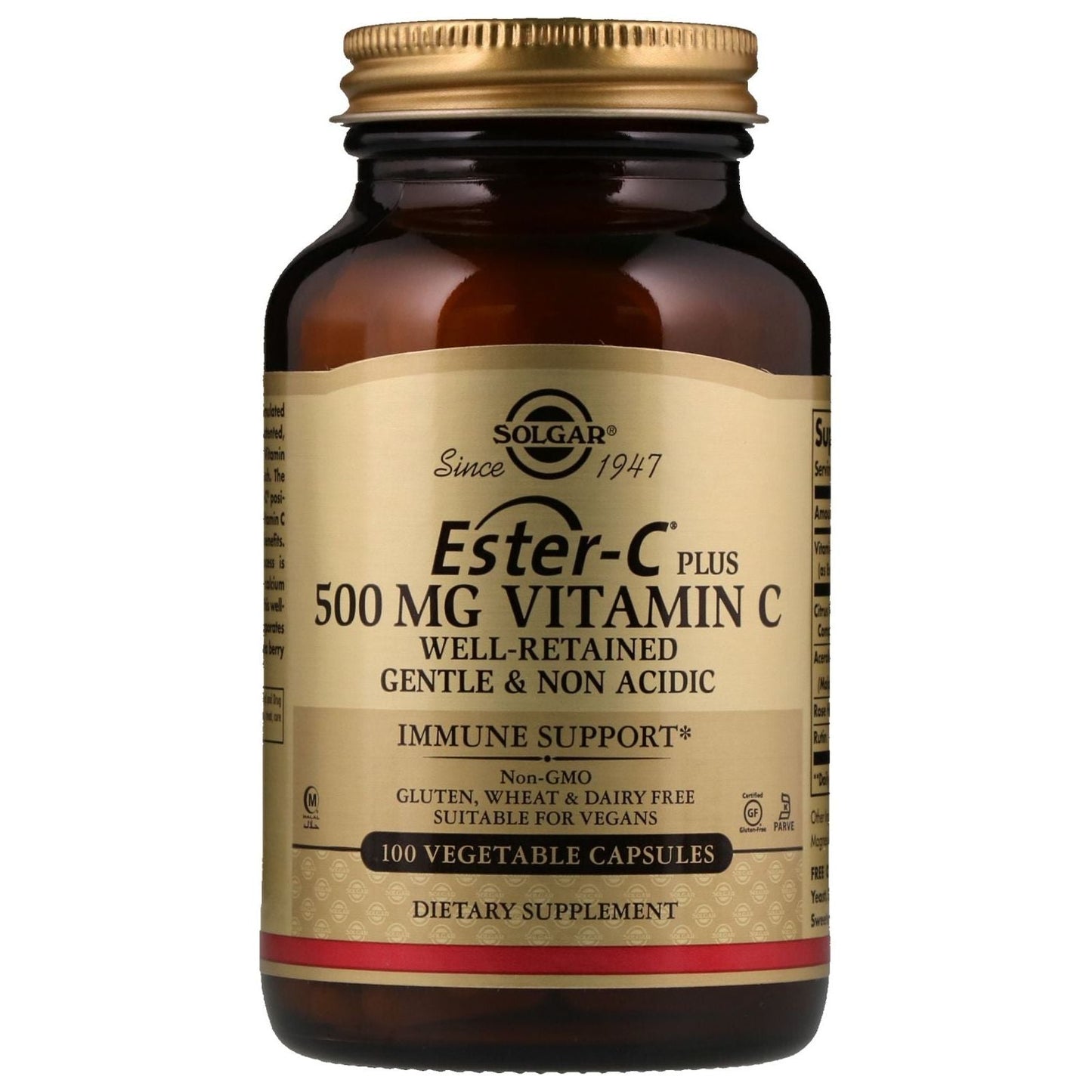 Solgar Ester-C Plus Vitamin C 500 mg supplement in 100 vegetable capsules, showing the bottle and label for immune support.