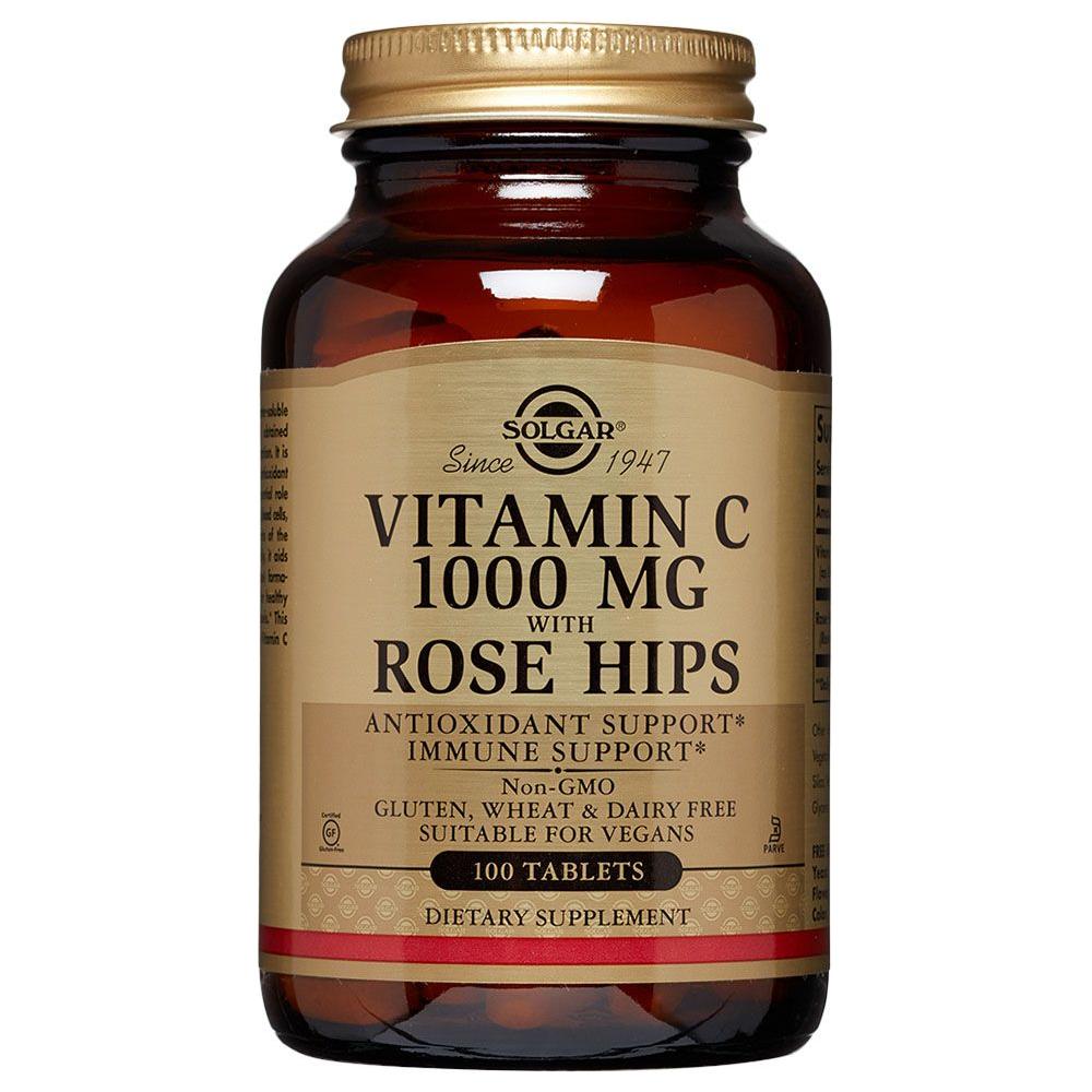 Solgar Vitamin C 1000mg with Rose Hips supplement in 100 tablets, natural vitamin C source from Pasteur Pharmacy.