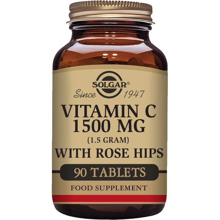 Solgar Vitamin C with Rose Hips tablets in bottle, 1500 mg, dietary supplement for immune support.
