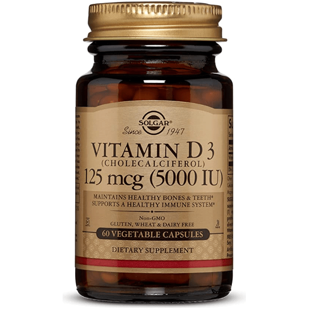 Solgar Vitamin D3 supplement in 60 vegetable capsules, 125 mcg (5,000 IU) cholecalciferol, natural vitamin D3 supplement for bone health