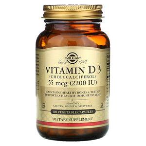 Solgar Vitamin D3 (Cholecalciferol) 2200 IU supplement in 100 vegetable capsules, natural dietary vitamin D3 supplement.