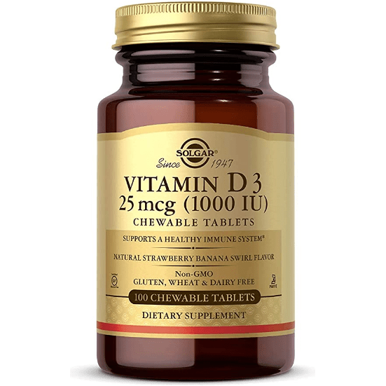 Solgar Vitamin D3 Chewable Tablets in bottle, 1000 IU cholecalciferol supplement for bone health and immune support.