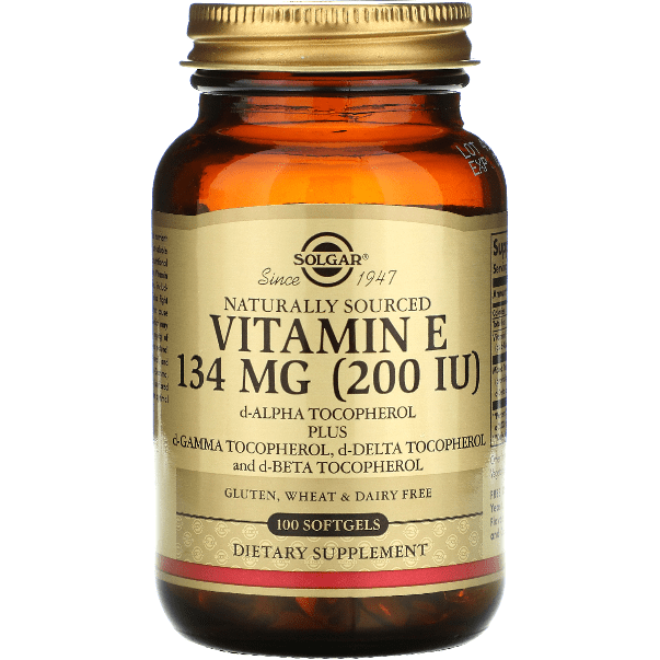 Solgar Vitamin E 134 mg (200 IU) softgels, vitamin E supplement in clear softgel capsules on a white background