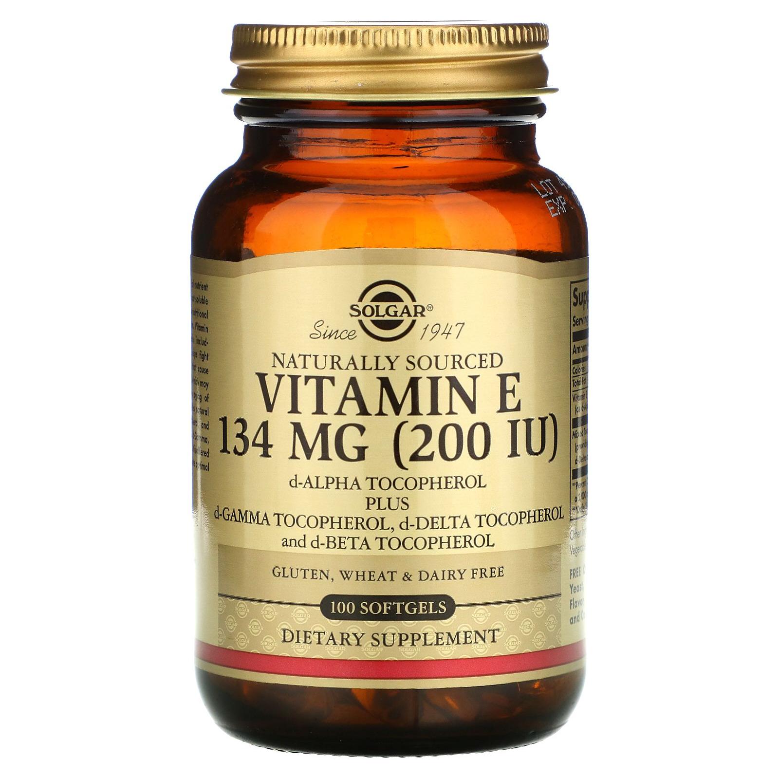 Solgar Vitamin E 134 mg (200 IU) softgels, dietary supplement for skin health and antioxidant support.