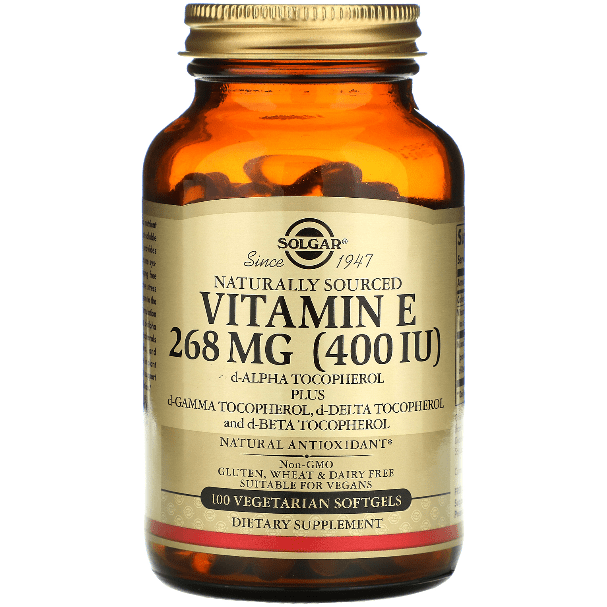 Solgar Vitamin E 268 mg (400 IU) vegetarian softgels, dietary supplement for skin and antioxidant support.