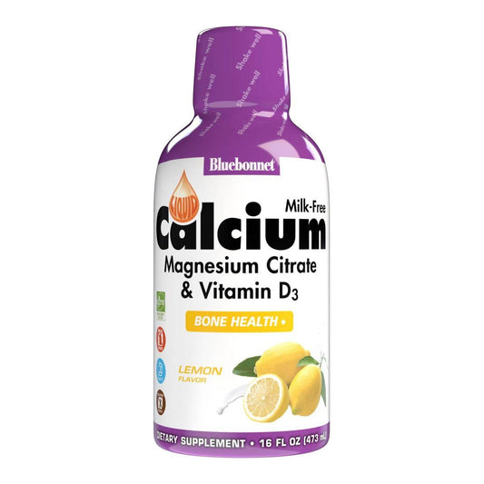 Bluebonnet Liquid Calcium Magnesium Citrate with Vitamin D3 in lemon flavor, 16 oz bottle, dietary mineral and vitamin supplement.