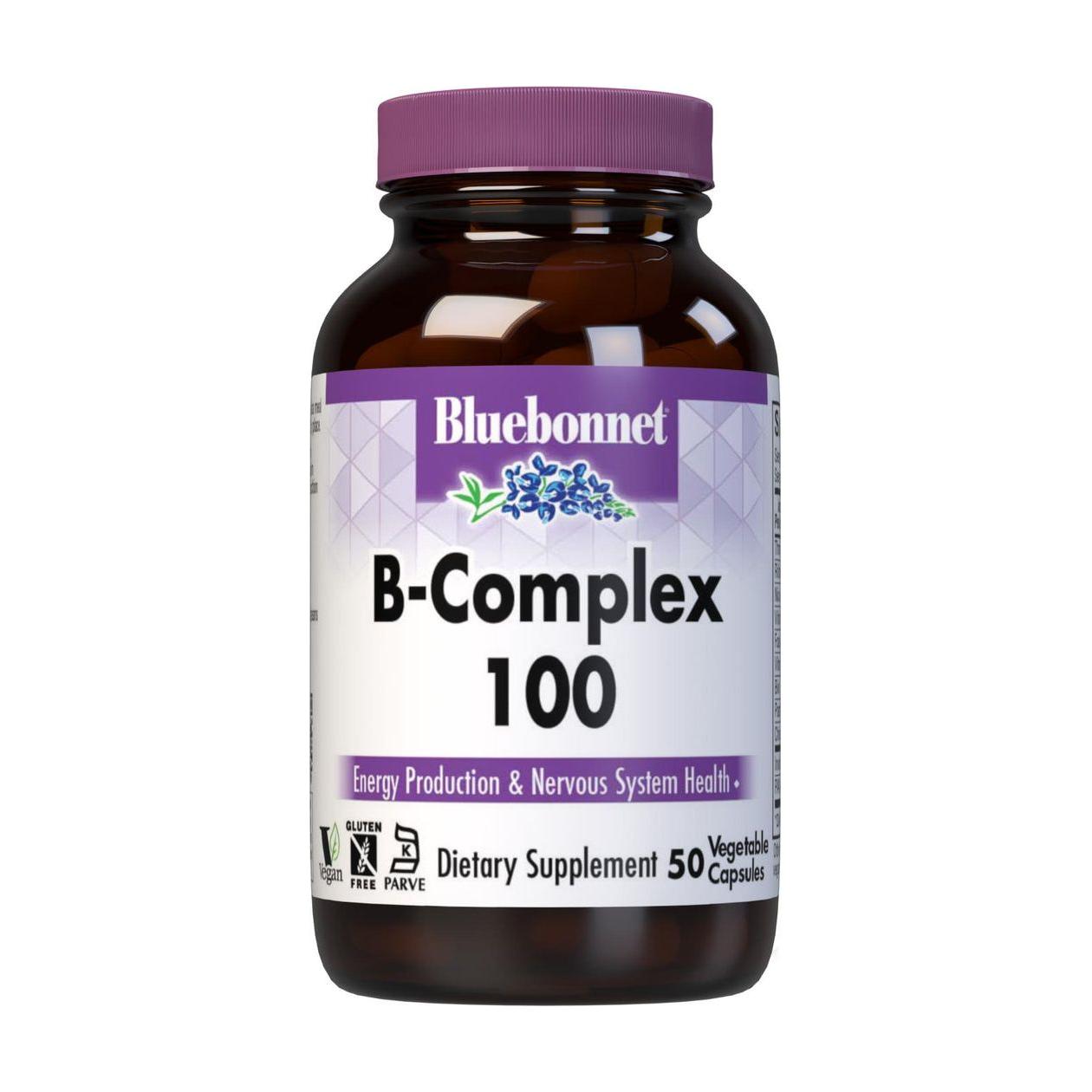 Bluebonnet B-Complex 100 vitamin supplement capsules in a bottle, by Pasteur Pharmacy, with 100 vegan Vcaps for daily B-vitamin support.