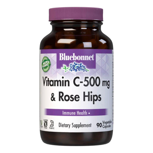 Bluebonnet Kosher Vitamin C supplement with Rose Hips, 90 vegetable capsules, natural vitamin C boost from Pasteur Pharmacy.